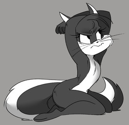 annoyed anthro arms_above_head big_tail black_body black_fur covering covering_self female frown fur head_tuft kneeling markings narrowed_eyebrows solo striped_markings striped_tail stripes tail tail_markings tuft whiskers white_body white_fur jusrhkuhoh looney_tunes warner_brothers penelope_pussycat domestic_cat felid feline felis mammal monochrome