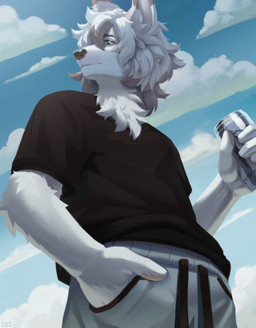 anthro biped bottomwear clothed clothed_anthro clothed_male clothing cloud day fingers front_view fully_clothed fully_clothed_anthro fully_clothed_male fur hair holding_object male outside pants shirt sky solo standing t-shirt topwear white_body white_fur white_hair o.z.y. monster_energy canid canine mammal 2025 digital_drawing_(artwork) digital_media_(artwork) hi_res