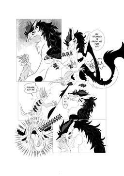 andromorph dialogue duo feral intersex male male/male open_mouth size_difference vore vore_request mythology koiju dragon mythological_creature mythological_scalie scalie absurd_res comic hi_res monochrome