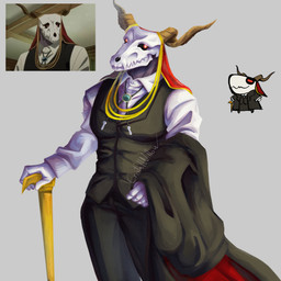 2_horns 5_fingers anthro biped black_bottomwear black_clothing black_pants bone bottomwear clothed clothed_anthro clothed_male clothing fingers horn humanoid_hands male pants skull skull_head solo walking_cane crystalwillow american_mythology indigenous_north_american_mythology mythology north_american_mythology the_ancient_magus'_bride elias_ainsworth wendigo 1:1 2026 absurd_res colored hi_res signature