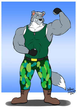 abs anthro army army_outfit army_uniform belt biceps black_belt black_clothing black_fingerless_gloves black_gloves black_handwear blue_background blue_eyes boots bottomwear brown_boots brown_clothing brown_footwear bulge buzz_cut camo camo_bottomwear camo_clothing camo_pants camo_print clothing cocky cocky_smile combat_boots dog_tags eye_scar facial_scar fingerless_gloves fist flexing flexing_bicep flexing_both_biceps flexing_muscles flexing_pecs footwear fur gloves green_bottomwear green_clothing green_pants green_shirt green_tank_top green_topwear grey_body grey_fur half_blind handwear looking_at_viewer male manly military military_clothing military_pants military_uniform muscular muscular_anthro muscular_male pants pattern_bottomwear pattern_clothing pattern_pants pecs raised_fist raised_hand scar shadow shirt shoes showing_off_muscles simple_background soldier solo standing tank_top thick_arms topwear tough_guy uniform warrior th0mas canid canine canis mammal wolf hi_res
