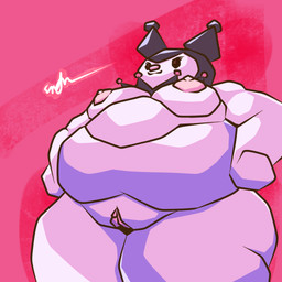 anthro belly big_belly big_breasts biped black_eyes breasts clothing empty_eyes eyelashes female front_view genitals headgear headgear_only headwear headwear_only huge_breasts mostly_nude nipples nude obese overweight pink_background simple_background solo thick_thighs vulva snifflah onegai_my_melody sanrio kuromi demon lagomorph leporid mammal rabbit 1:1 digital_drawing_(artwork) digital_media_(artwork) hi_res signature