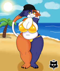 anthro beach big_breasts bikini bikini_bottom bikini_top breasts clothing female genitals gold_bikini huge_breasts overweight palm_tree plant sand sea slightly_chubby solo swimwear tail thick_thighs tree two-piece_swimsuit water paladyart98 epic_games fortnite golden_week meow_skulls domestic_cat felid feline felis mammal absurd_res hi_res