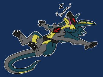 3_toes 4_fingers anthro claws digitigrade fangs feet fingers fluffy fur green_body green_fur grey_body grey_fur lying male on_back pawpads paws red_eyes screen screen_face sleeping solo tail tapering_tail teeth thick_tail tired toes tongue tongue_out yellow_body yellow_fur rtf-m brom_(sahurus) mantled_beast hi_res