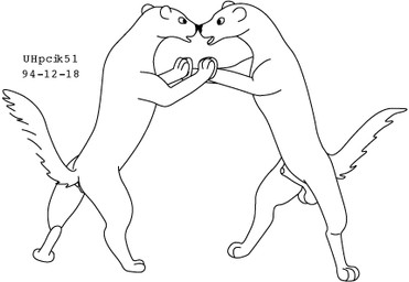 animal_genitalia balls duo eye_contact female feral fur genitals looking_at_another male male/female nose_to_nose nude_male open_mouth paws sheath simple_background standing tail touching_another white_background urbanhermit mammal unknown_species 1994 black_and_white dated low_res monochrome