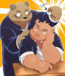 anthro black_nose blush bottomwear brown_body brown_fur clothed clothing duo eyes_closed fur humanoid_hands male overweight overweight_male pants shirt sitting text topwear tusks hinami canid canine mammal raccoon_dog suid suina sus_(pig) tanuki wild_boar 2015 japanese_text