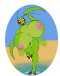 antennae_(anatomy) anthro areola arthropod barely_visible_genitalia barely_visible_pussy beach big_breasts breasts eliot_(heroic_ones) female genitals green_body hi_res huge_breasts insect mandibles mantis nipples non-mammal_breasts non-mammal_nipples nude nude_beach open_mouth pink_nipples pussy red_sclera seaside solo spotty_the_cheetah tongue water