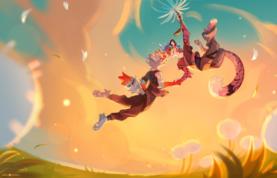 anthro clothed clothing dandelion dipstick_tail duo eye_contact flower flying fully_clothed fur grass hair hand_holding leopard_spots looking_at_another male markings outside pawpads paws plant romantic romantic_couple sky spots tail tail_markings nellorain canid canine canis felid mammal pantherine snow_leopard wolf digital_media_(artwork) hi_res