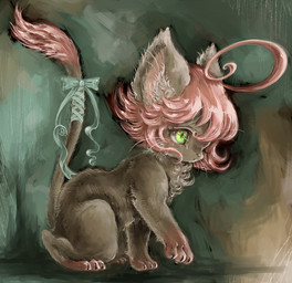 accessory ahoge bow_(feature) bow_accessory bow_ribbon chest_tuft eyelashes female feral fur furgonomics green_eyes grey_body grey_fur hair pink_hair ribbons solo tail tail_accessory tail_bow tail_ribbon tuft whiskers oag_(artist) domestic_cat felid feline felis hybrid mammal mouse murid murine rodent
