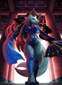 3_toes anthro barefoot big_breasts breasts clothed clothing costume feet female hair kemono long_hair looking_at_viewer low-angle_view red_eyes smile solo temple toes worm's-eye_view lyc cyberconnect2 drecom full_bokko_heroes daji_(full_bokko_heroes) canid canine mammal digital_media_(artwork) hi_res shaded