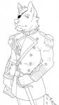 anthro clothed clothing eye_patch eyewear looking_at_viewer male melee_weapon solo sword weapon aluminemsiren canid canine canis mammal wolf 9:16 black_and_white hi_res monochrome