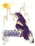 abs anthro black_body black_fur black_pawpads city cloud digitigrade feet fur hindpaw kneeling logo male male_anthro nude pawpads paws snout solo sun tail tan_body tan_fur wall_(structure) d-omore canid canine canis mammal wolf 2000 artist_logo colored_pencil_(artwork) shaded traditional_media_(artwork) watermark