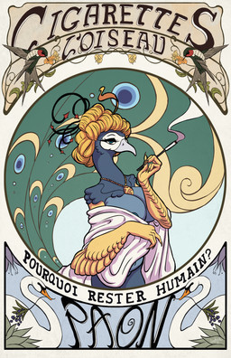 advertisement anthro art_nouveau beak blonde_hair blue_body blue_eyes breasts cigarette cigarette_holder cigarette_smoke covering covering_breasts feathers female flower food fruit grape hair implied_transformation mostly_nude nipples permanent petals plant smile smiling_at_viewer smoke solo text saphirathefur anatid anseriform anserine apodiform avian bird galliform hummingbird peafowl phasianid swan 2026 absurd_res digital_media_(artwork) hi_res trans_(lore) trans_woman_(lore)