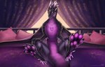 bed belly_scales black_body black_claws black_horn black_scales claws female feral furniture horn on_bed pawpads pillow purple_body purple_horn purple_pawpads purple_scales scales solo text ztalex mythology dragon mythological_creature mythological_scalie scalie artist_name hi_res url