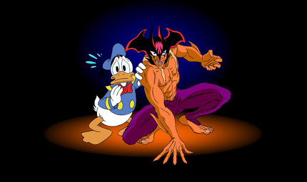 4_fingers 5_fingers anthro barefoot beak black_background blue_clothing blue_hat blue_headwear blue_suit bottomwear bow_tie chest_tuft clothed clothing duo feet fingers hand_on_another's_shoulder hand_on_shoulder hat head_wings headgear headwear horn male membrane_(anatomy) muscular muscular_arms on_model orange_beak orange_feet pants pekin_duck purple_bottomwear purple_clothing purple_pants red_bow_tie sailor_suit sharp_teeth simple_background suit teeth toes topless tuft unusual_wing_placement webbed_feet wings worried_look fagian devilman_(series) disney go_nagai devilman_(character) donald_duck american_pekin anatid anseriform avian bird demon demon_humanoid duck humanoid 2010 crossover digital_drawing_(artwork) digital_media_(artwork) italian_description translated_description