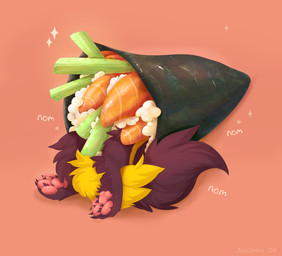 brown_body brown_fur claws cucumber eating female feral food fruit fur inside inside_object pawpads plant rear_view rice salmon_(food) seaweed simple_background solo sushi text yellow_body yellow_fur joeumbre nintendo pokemon rita_(joeumbre) aquatic eeveelution fish generation_2_pokemon pokemon_(species) umbreon hi_res