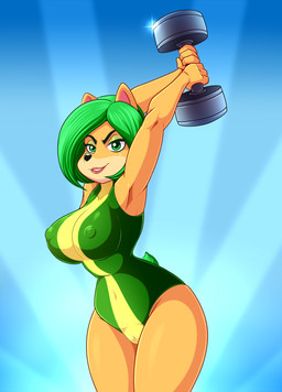 anthro athletic_wear breasts camel_toe clothed clothing dumbbell exercise exercise_clothing female fitness green_eyes green_hair hair leotard looking_at_viewer nipples solo teeth weightlifting weights workout lonbluewolf activision crash_bandicoot_(series) crash_team_racing_(series) crash_team_racing_nitro-fueled ami_bandicoot bandicoot mammal marsupial 2020 hi_res