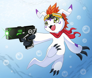 ambiguous_gender bubble cellphone claw_fingers claws clothing day detailed_background digivice electronics eyewear eyewear_on_head feral glowing_weapon goggles goggles_on_head green_eyes gun hair happy holding_gun holding_object holding_ranged_weapon holding_weapon open_mouth open_smile orange_hair phone pose ranged_weapon red_clothing scarf smartphone smile solo underwater water weapon white_body vavacung bandai_namco digimon digimon_(species) gomamon 2025 full-length_portrait hi_res portrait signature