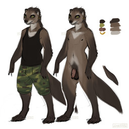 anthro arm_tuft balls black_clothing black_topwear bottomwear brown_balls brown_body brown_fur clothed clothing color_swatch ear_piercing ear_ring elbow_tuft flaccid foreskin fur genitals green_bottomwear green_clothing green_eyes green_pants head_tuft horizontal_pupils humanoid_genitalia humanoid_penis male mouth_closed nude pants penis piercing pupils ring_piercing solo standing tail topwear tuft unretracted_foreskin lostgoose roma_(scree) herpestid mammal mongoose 1:1 2022 dated model_sheet signature