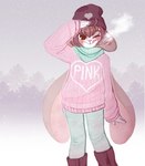 anthro biped brown_eyes brown_hair clothed clothing crossdressing fingers hair long_ears male one_eye_closed pink_clothing pink_sweater pink_topwear solo sweater topwear nini_(artist) ashton_(nini) lagomorph leporid mammal rabbit 2016 hi_res