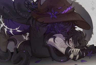 ambiguous_gender athletic athletic_male bandage bandaged_arm black_body black_clothing black_gloves black_hair black_handwear black_skin black_tentacles black_topwear blush bodily_fluids bone_tail bottomwear brown_clothing brown_hat brown_headwear canon_couple clothing cuddling dominant duo eyes_closed fingerless_gloves flower gloves grey_bottomwear grey_clothing grey_pants hair handwear hat head_wings headgear headwear humanoid_on_humanoid humanoid_pointy_ears larger_dom light_body light_skin looking_at_another looking_at_partner lying lying_on_another male male/ambiguous on_front pants plant pointy_ears purple_clothing purple_topwear scar self-harm_scars size_difference slime spiked_tail spikes spikes_(anatomy) sweat sweatdrop tail tail_around_partner tentacle_under_clothing tentacles topwear unusual_wing_placement white_body white_skin wings twinstte forsaken_(roblox) azure_(forsaken) two_time_(forsaken) humanoid tailed_humanoid tentacle_creature unknown_species 2025 hi_res nonbinary_(lore)