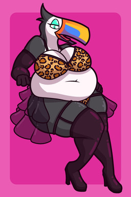 animal_print animal_print_bikini animal_print_clothing anthro arm_stockings beak belly big_belly big_breasts bikini black_body black_feathers boots bottomwear bra breasts clothing eyeshadow feathers female footwear high_heeled_boots high_heels looking_at_viewer makeup multicolored_beak multicolored_body multicolored_feathers navel non-mammal_breasts non-mammal_navel open_beak open_mouth overweight overweight_anthro overweight_female panties pattern_bikini pattern_clothing pattern_swimwear shoes skirt solo swimwear teal_eyes teal_eyeshadow thick_thighs tongue translucent translucent_bottomwear translucent_clothing translucent_skirt two-piece_swimsuit two_tone_body two_tone_feathers underwear white_body white_feathers wide_hips ikakins searcy avian bird toucan 2:3 absurd_res hi_res