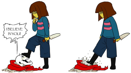 ambiguous_gender blue_clothing blue_sweater blue_topwear bone cape clothing death duo dust knife male mean pattern_clothing pattern_sweater pattern_topwear simple_background skeleton standing step_pose stomping striped_clothing striped_sweater striped_topwear stripes sweater topwear violence white_background karaii undertale undertale_(series) chara_(undertale) frisk_(undertale) papyrus_(undertale) animated_skeleton demon human mammal undead digital_media_(artwork) hi_res sequence