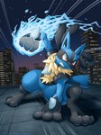 ambiguous_gender anthro attack_pose blue_body blue_fur city cityscape fur multicolored_body night orange_eyes solo spikes spikes_(anatomy) tan_body tan_fur katkichi nintendo pokemon canid generation_4_pokemon lucario mammal pokemon_(species) 2023 absurd_res artist_name digital_media_(artwork) hi_res