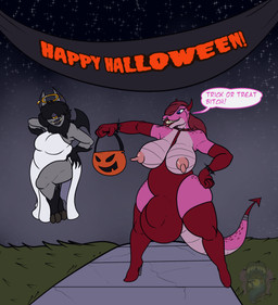 angel_costume anthro back_wings belly breasts bulge clothing costume detailed_bulge devil_costume dialogue duo female gynomorph halloween_costume holidays intersex long_nipples nipples overweight text thick_thighs trick-or-treating wings darkartist halloween fyrtila_wraithrend_(morphide) nilee_(morphide) bat crocodilian demon mammal reptile scalie suid suine english_text hi_res