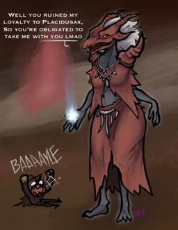 anthro biped clothing duo female female_anthro grey_body hair male male_human red_body red_clothing standing talking_to_viewer text white_hair yellow_eyes ncs elden_ring fromsoftware mythology ancient_dragon_florissax igon_(elden_ring) dragon human mammal mythological_creature mythological_scalie scalie 2024 digital_media_(artwork) english_text hi_res