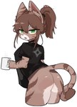 anthro black_clothing black_shirt black_topwear bottomless bottomless_anthro bottomless_female brown_body brown_ears brown_fur brown_hair brown_tail clothed clothing container cup female fur green_eyes hair holding_container holding_cup holding_mug holding_object leg_markings looking_at_viewer looking_back looking_back_at_viewer markings mug narrowed_eyes open_mouth ponytail rear_view shirt shirt_only simple_background solo striped_markings stripes tail thigh_markings topwear topwear_only white_background tofffffu domestic_cat felid feline felis mammal 2024 absurd_res digital_drawing_(artwork) digital_media_(artwork) hi_res portrait