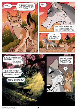 ambiguous_feral ambiguous_gender brown_body brown_fur dialogue digitigrade duo feral fur grey_body grey_fur quadruped text papupaws arne_(papupaws) ivy_(papupaws) canid canine canis coyote mammal wolf comic english_text hi_res female_(lore) male_(lore)