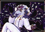 2_horns anthro clothing crossed_legs eyewear fur glasses grin horn male multicolored_body multicolored_fur purple_body purple_fur red_horn sitting smile solo whip white_body white_clothing white_fur wings yellow_body yellow_fur 815147h lifewonders tokyo_afterschool_summoners bael_(tas) canid canine canis demon jackal mammal hi_res