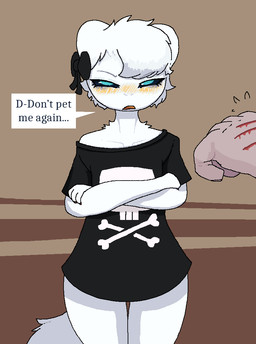 ambiguous_gender annoyed anthro anthro_focus bangs black_clothing black_ribbon black_shirt black_t-shirt black_topwear blush bottomless bottomless_anthro clothed clothing crossed_arms duo embarrassed eye_bags female female/ambiguous female_anthro female_focus hair mostly_offscreen_character mostly_offscreen_human scratches shirt short_hair simple_background skull_and_crossbones solo_focus speech_bubble stuttering t-shirt text topwear commonbleat casualties:_unknown gunsawian human mammal milky_(gunsawian) aliasing binary_drawing digital_drawing_(artwork) digital_media_(artwork) english_text