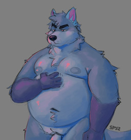5_fingers anthro belly biped blue_body blue_fur chest_tuft dark_nose eyebrows fingers fluffy fur genitals hand_on_belly male male_anthro moobs navel neck_tuft nipples overweight overweight_male penis scratching simple_background solo standing tail tuft spyz_(artist) dan_(spyz) arctic_wolf canid canine canis mammal wolf 2026 hi_res shaded soft_shading watermark
