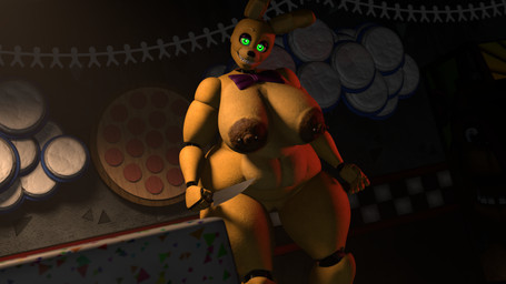 5_fingers anthro arcade_machine areola barbell_piercing belly big_areola big_breasts black_nose bow_tie breasts brown_areola buckteeth dark_room decoration eyebrows eyeshadow female fingers furniture genitals glowing glowing_eyes green_eyes holding_knife holding_object huge_breasts huge_hips huge_thighs knife looking_at_viewer machine makeup navel nipple_piercing nipples nude nude_anthro nude_female piercing pizzeria purple_bow_tie purple_eyeshadow solo table teeth thick_thighs vulva wide_hips yellow_body thevestige octal_(modeler) five_nights_at_freddy's scottgames spring_bonnie_(fnaf) animatronic lagomorph leporid mammal rabbit robot 16:9 2026 3d_(artwork) digital_media_(artwork) hi_res source_filmmaker_(artwork) widescreen