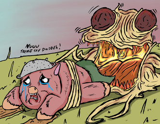 ambiguous_feral ambiguous_gender baby_talk beady_eyes bodily_fluids bowl colander container crying dialogue duo feral fluffy food fur green_tail helpless hooves imminent_vore lying monotone_body monotone_fur on_front open_mouth orange_teeth pasta pink_body pink_fur pseudo_eyes quadruped restrained scared sharp_teeth spaghetti tail tan_hooves tears teeth text carniviousduck fluffy_pony flying_spaghetti_monster fluffy_pony_(species) food_creature mammal monster 2026 digital_drawing_(artwork) digital_media_(artwork) english_text shaded
