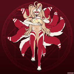 9_tails anthro big_ears blonde_hair breasts elemental_manipulation eyelashes eyes_closed female fire fire_manipulation floating fur hair long_hair magic magic_circle magic_user markings multi_tail multicolored_body nude red_body red_fur solo spell striped_body striped_fur stripes tail tan_body tan_fur white_body white_fur tooundone asian_mythology mythology canid canine fox fox_spirit mammal mythological_creature 1:1 digital_media_(artwork) hi_res