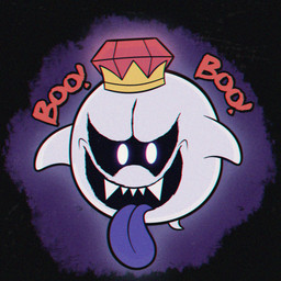 black_background black_mouth black_sclera crown gem glowing glowing_eyes headgear male open_mouth open_smile purple_background purple_tongue red_gem sharp_teeth simple_background smile solo tail teeth three-quarter_view tongue tongue_out white_eyes white_tail superbage luigi's_mansion mario_bros nintendo king_boo boo_(mario) ghost spirit 1:1 2023 cel_shading colored digital_media_(artwork) hi_res shaded
