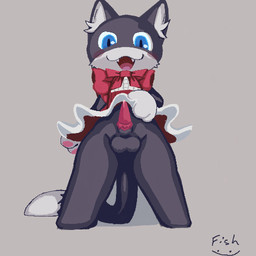 animal_genitalia animal_penis balls blush bodily_fluids bottomless bow_tie cheek_tuft clothed clothing cum cum_drip dripping facial_tuft feline_genitalia feline_penis femboy front_view genital_fluids genitals grey_background inner_ear_fluff looking_at_viewer maid_uniform male open_mouth open_smile pawpads penile_spines penis presenting presenting_penis sheath simple_background smile solo tail tuft uniform bigfishyfishy atlus megami_tensei persona_(series) persona_5 sega morgana_(persona) domestic_cat felid feline felis mammal tuxedo_cat 1:1 shaded