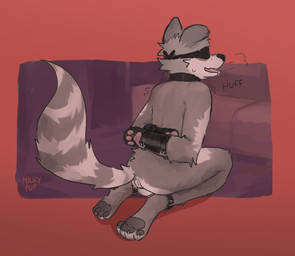 anthro anus arms_tied backsack balls bdsm blindfold bodily_fluids bondage bound breath butt collar drooling genitals kneeling male nude panting saliva sensory_deprivation solo milkypupppy canid canine canis domestic_dog mammal hi_res