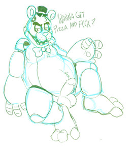 3_toes 4_fingers anthro balls belly bow_tie clothing dialogue erection eyebrows feet fingers genitals hat headgear headwear humanoid_genitalia humanoid_penis imminent_sex machine male nude open_mouth paws penis profanity raised_eyebrow simple_background slightly_chubby solo text toes top_hat white_background tbid five_nights_at_freddy's scottgames freddy_(fnaf) animatronic bear mammal robot 2015 english_text sketch