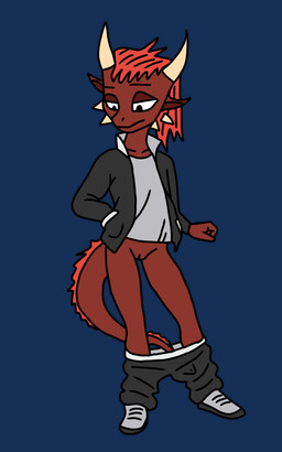 anthro bottomwear bottomwear_down clothed clothing female genitals hair horn jacket legwear looking_down pants pants_down partially_clothed red_body red_hair shirt solo topwear vulva 0x0001 mythology dragon hybrid kobold mythological_creature mythological_scalie scalie 5:8 absurd_res alpha_channel hi_res