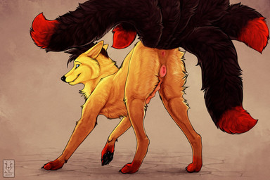 6_tails anatomically_correct anatomically_correct_genitalia anatomically_correct_vulva animal_genitalia animal_vulva anus black_hair black_nose butt canine_genitalia canine_vulva claws eyebrows eyelashes female feral fur genitals hair multi_tail multi_teat multicolored_body multicolored_fur multicolored_vulva pawpads paws pink_vulva presenting presenting_anus presenting_hindquarters presenting_vulva quadruped raised_tail red_anus red_vulva solo tail tail_anus teats two_tone_vulva vulva anchee kira_redpaw canid canine canis fox mammal 2019 dated digital_media_(artwork) signature