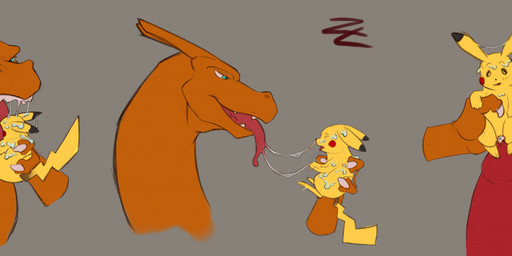 anthro bodily_fluids claws cock_vore cum duo erection feral fur genital_fluids genitals male male/male male_pred oral_vore orange_body penile penis saliva_covered simple_background size_difference smile tail teasing teeth tongue vore yellow_body yellow_fur zeanlain nintendo pokemon charizard generation_1_pokemon pikachu pokemon_(species) 2021 colored