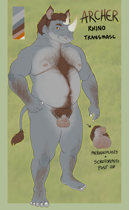 anthro arm_hair balls body_hair chest_hair flaccid foreskin genitals hairy_balls horn humanoid_genitalia humanoid_penis leg_hair looking_at_viewer male male_anthro mastectomy_scar metoidioplasty nipples nude nude_anthro nude_male overweight overweight_anthro overweight_male penis pubes scar small_penis solo standing three-quarter_view chubchow mammal rhinoceros 2025 absurd_res hi_res model_sheet trans_(lore) trans_man_(lore)