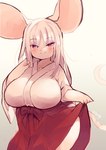 anthro asian_clothing big_breasts big_ears biped blush breasts clothed clothing clothing_lift east_asian_clothing female front_view fur gradient_background hair japanese_clothing kemono long_hair looking_at_viewer miko_outfit pink_nose red_eyes shrine_maiden simple_background smile solo white_body white_fur white_hair ukenya mammal mouse murid murine rodent absurd_res hi_res portrait three-quarter_portrait