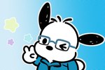 anthro eyewear gesture glasses hand_gesture male one_eye_closed simple_background solo star sweatshirt v_sign wink pacaprincess sanrio pochacco canid canine canis domestic_dog mammal