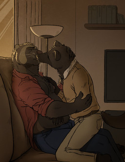 anthro belt bodily_fluids bottomwear clothed clothing duo eyes_closed hand_on_chest holding_arm kissing male male/male on_lap open_clothing open_shirt open_topwear pants shirt size_difference slightly_chubby straddling sweat tail topwear rayfkm gulonine mammal marten mustelid musteline wolverine hi_res