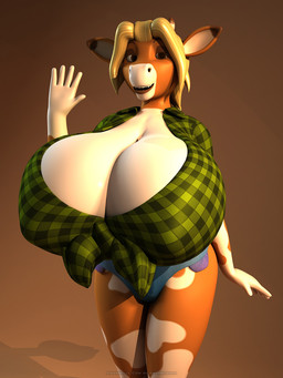 anthro big_breasts blonde_hair bottomwear breasts clothed clothing female fur gesture hair horn huge_breasts hyper looking_at_viewer open_mouth shorts simple_background smile solo standing waving anthroanim annabelle_cow bovid bovine mammal 2016 3:4 3d_(artwork) digital_media_(artwork) hi_res